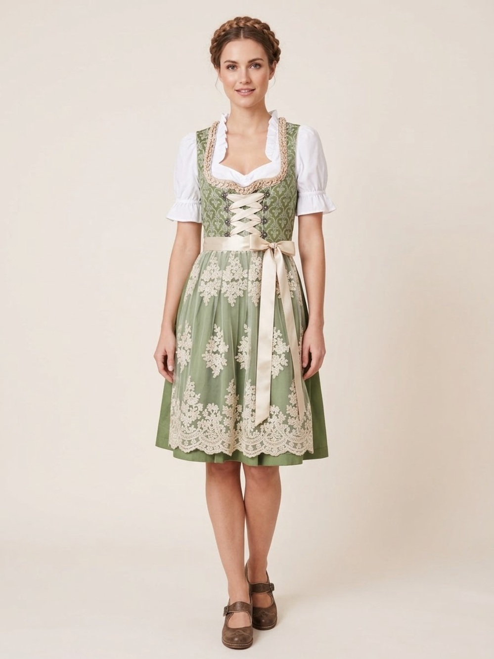 Oktoberfest Bavaria Trachten German Green Damask Dirndl Dress Set XS Cottagecore